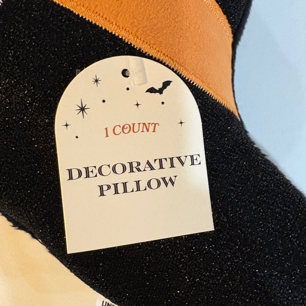 Halloween Witch Hat Decorative Throw Pillow Black Orange Buckle Plush Decor - Picture 2 of 3
